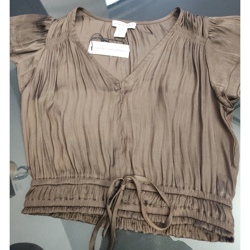 Cupcakes and Cashmere Brown Satin V-Neck Smocked Waist Blouse Top XS NWT - Picture 8 of 9